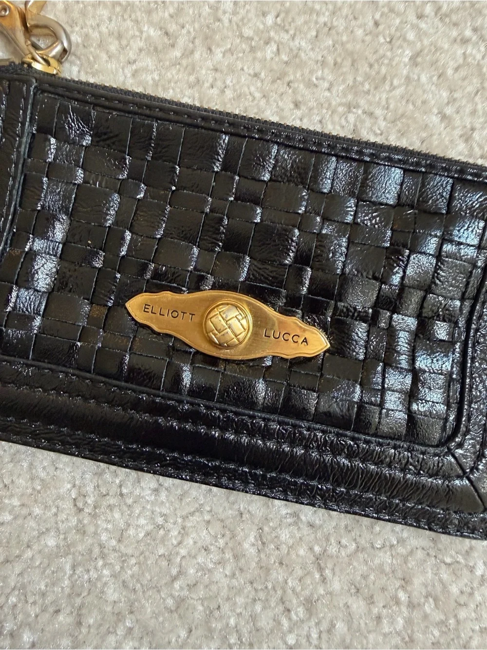 Elliott Lucca Black Woven Leather Wristlet with Gold Plate